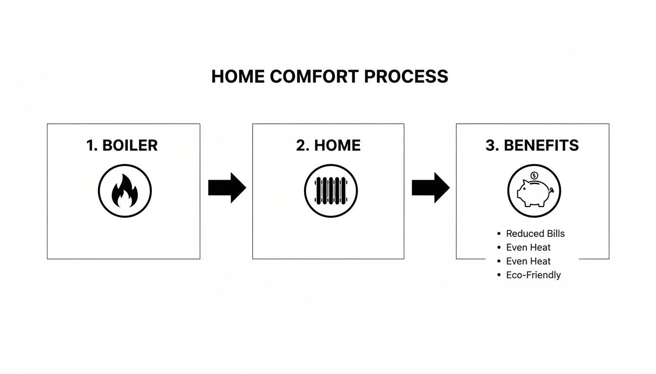 A flowchart showing the home comfort process: boiler heats home radiators, leading to reduced bills, even heat, and eco-friendliness.