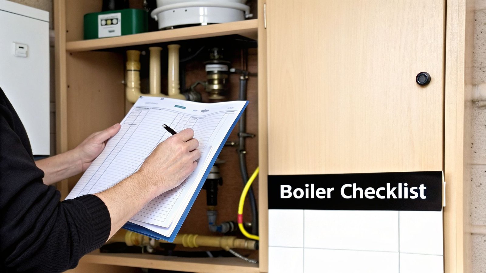 A person holds a 'Boiler Checklist' and writes, inspecting boiler components.