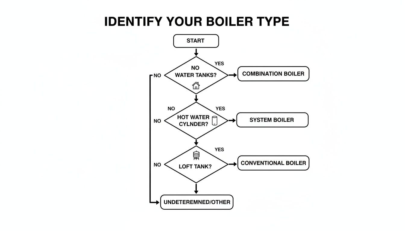 A flowchart titled 'Identify Your Boiler Type' guiding users to determine their boiler type.