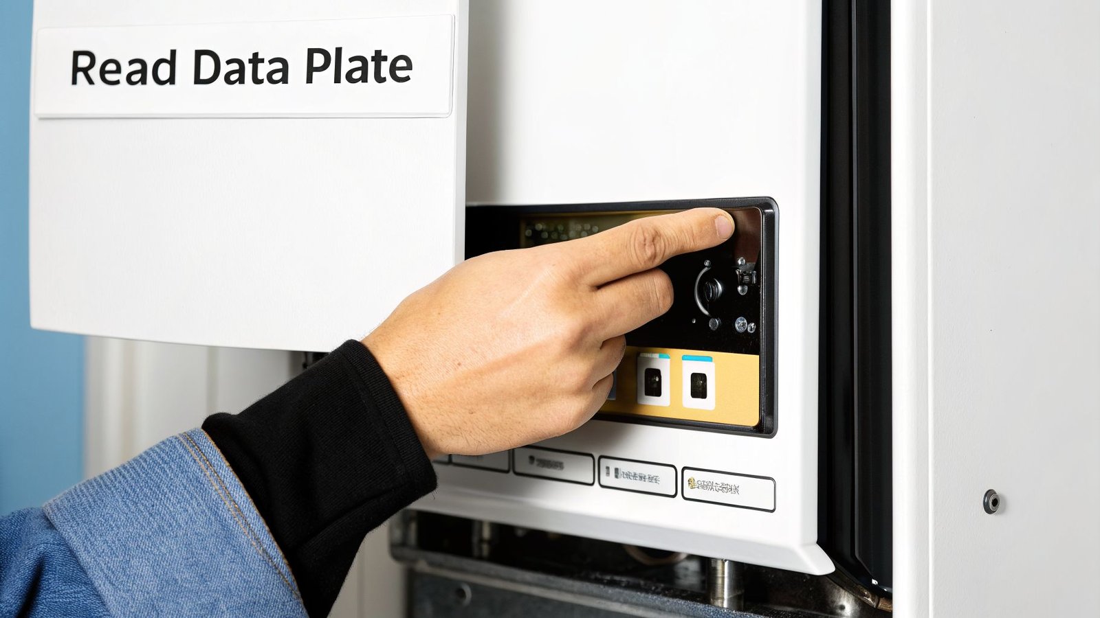 A person's hand operates controls on a white industrial machine with a 'Read Data Plate' label.