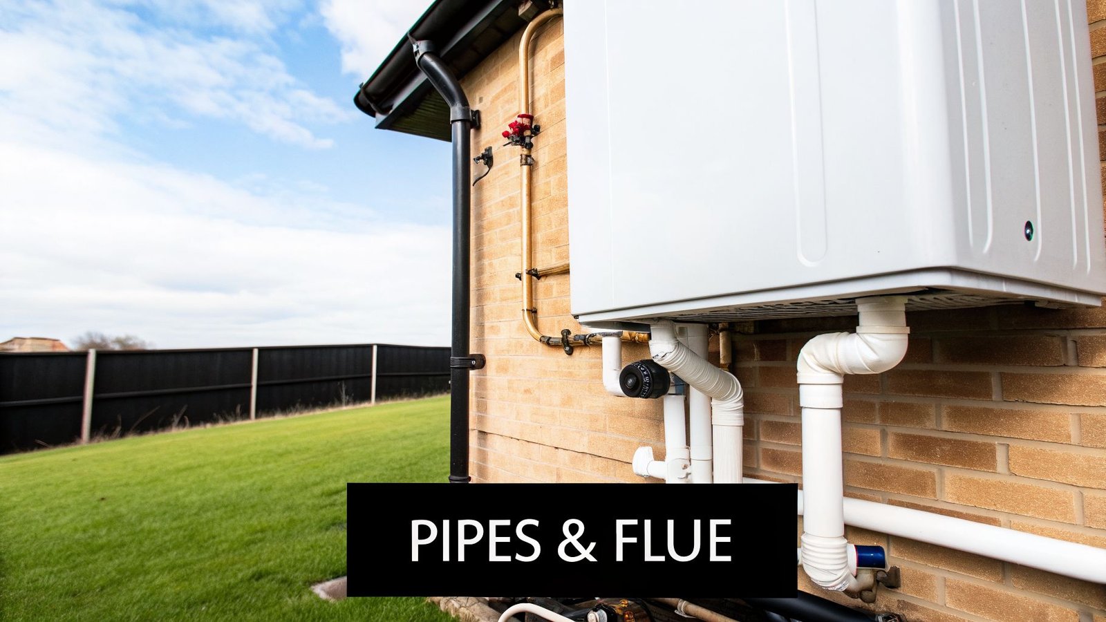 Outdoor view of a house wall with a white boiler, copper and PVC pipes, and a black downpipe.