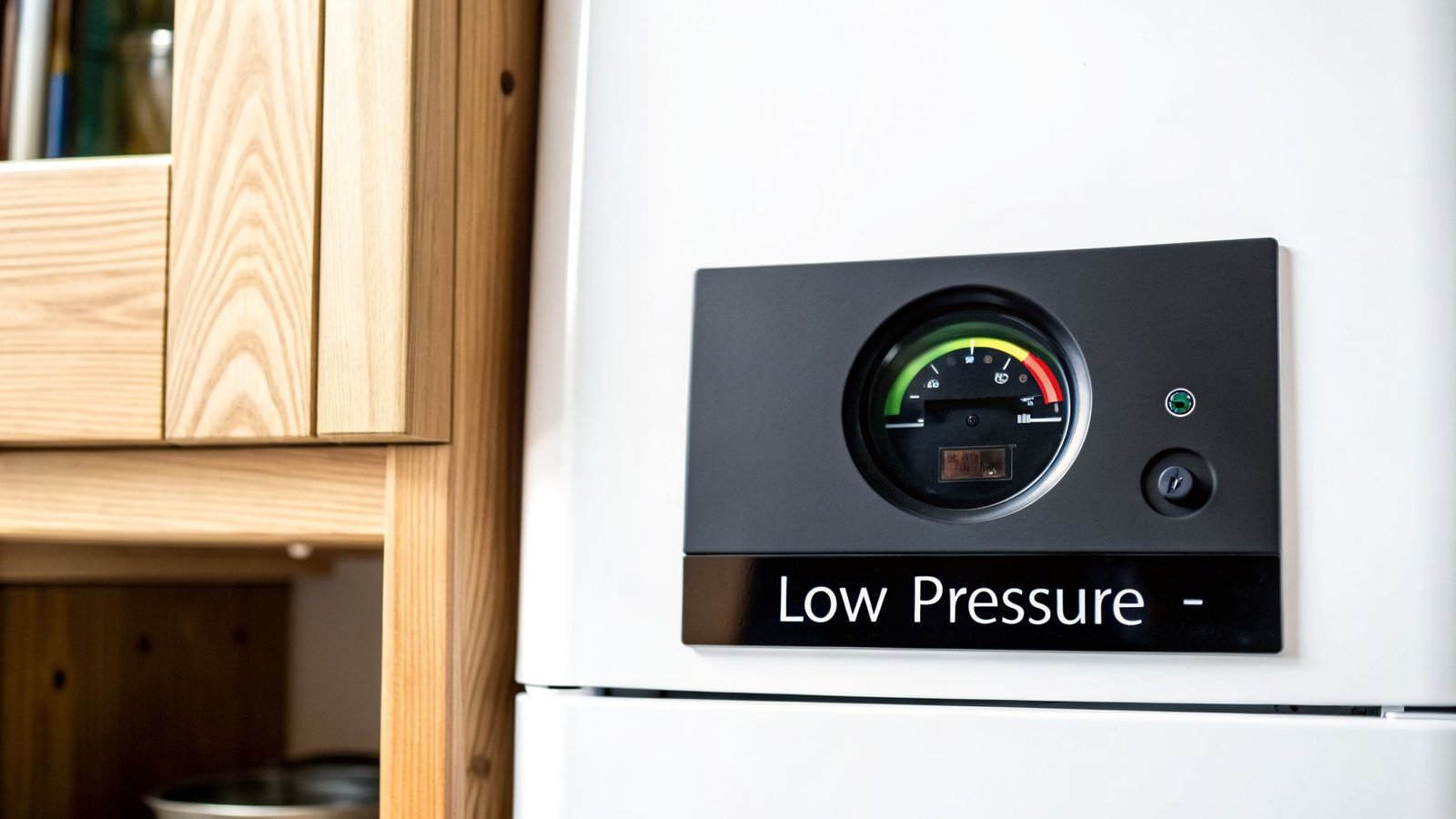 A boiler's black control panel displays a pressure gauge in the red, warning of 'Low Pressure'.