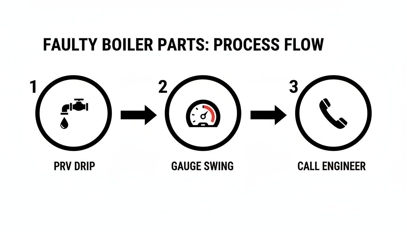 Flowchart showing three steps for faulty boiler parts: PRV drip, gauge swing, then call engineer.