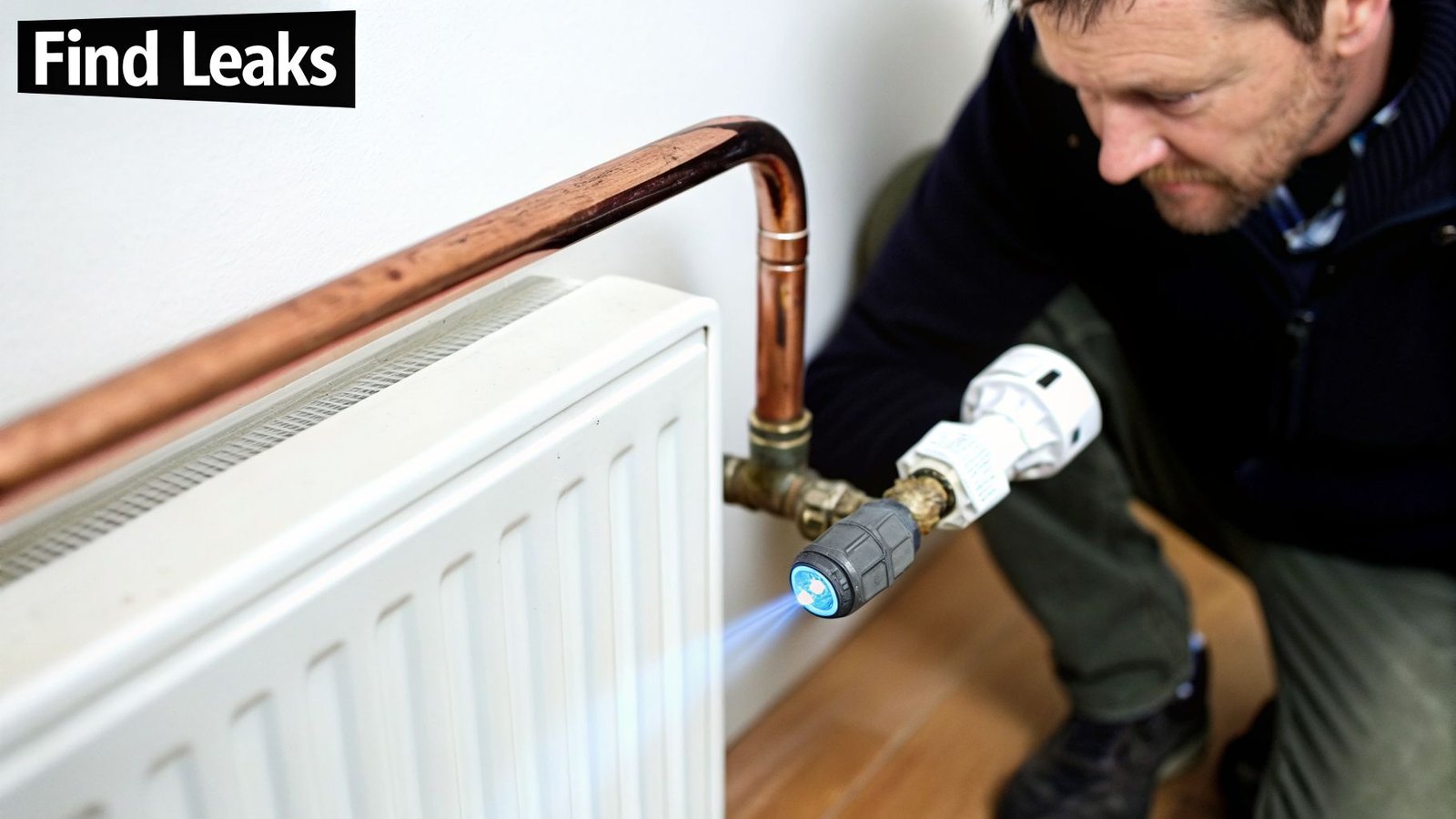 A man inspecting a white radiator and copper pipes with a blue light device to find leaks.