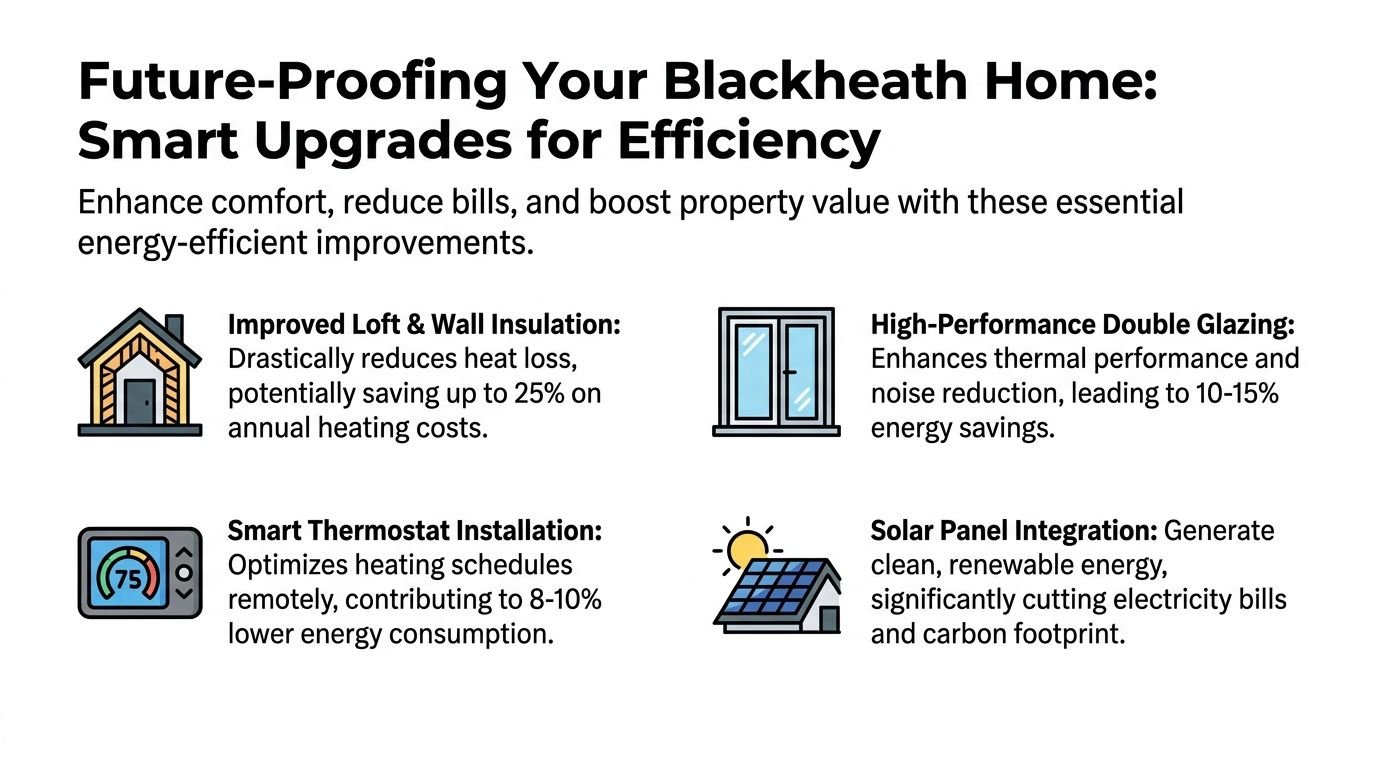 A visual guide outlining four energy-efficient smart home upgrades to improve insulation, heating, and solar energy generation.