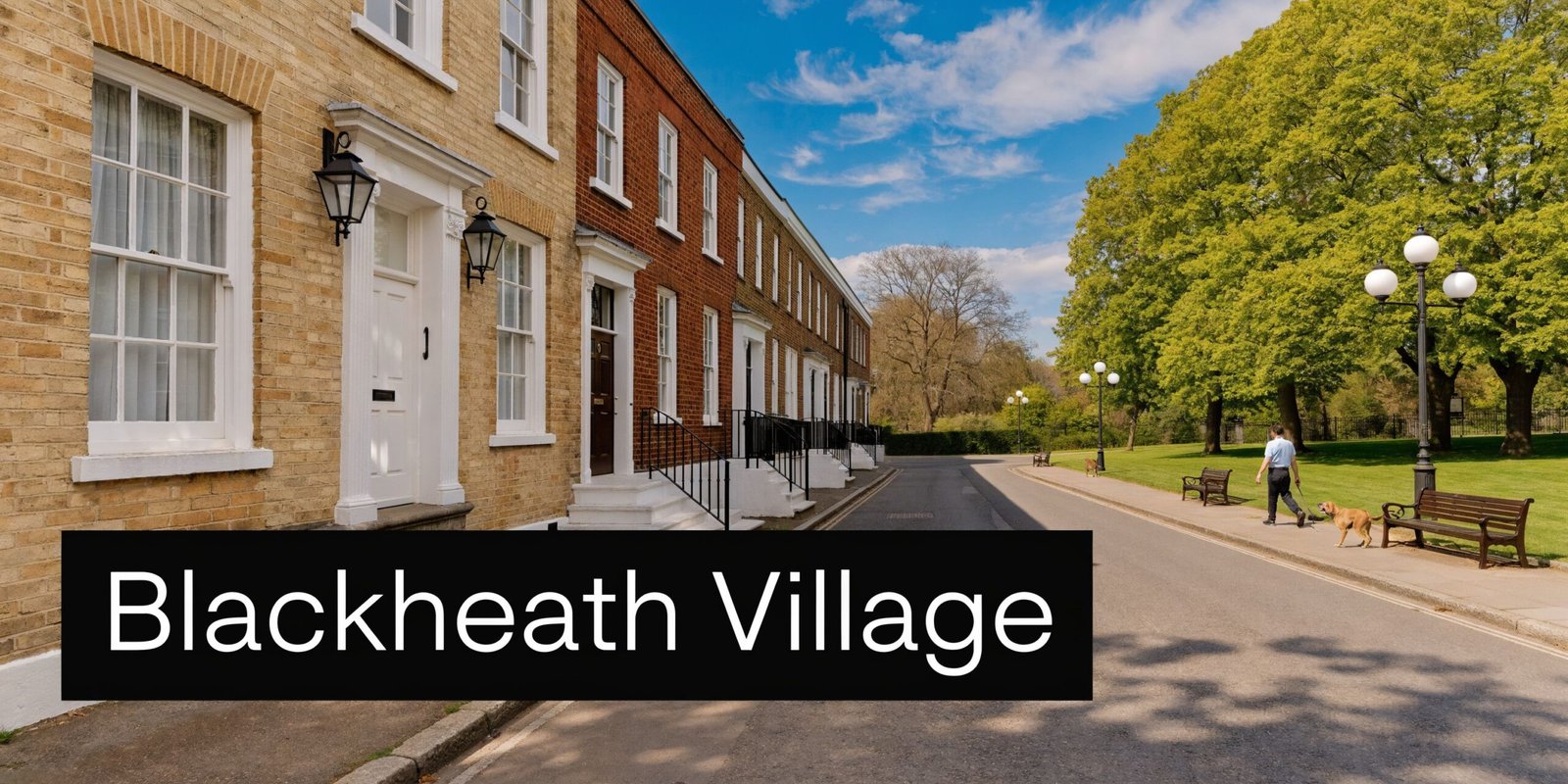 A scenic street view of charming brick houses in Blackheath Village with a person walking a dog.