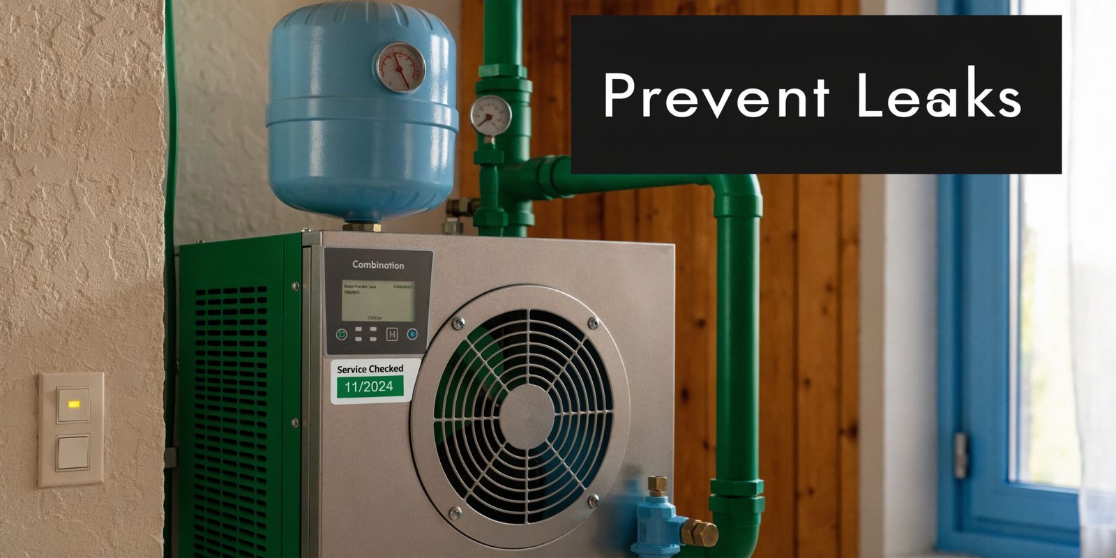 A professional combination boiler unit with a service tag and connected green water pipes for maintenance.