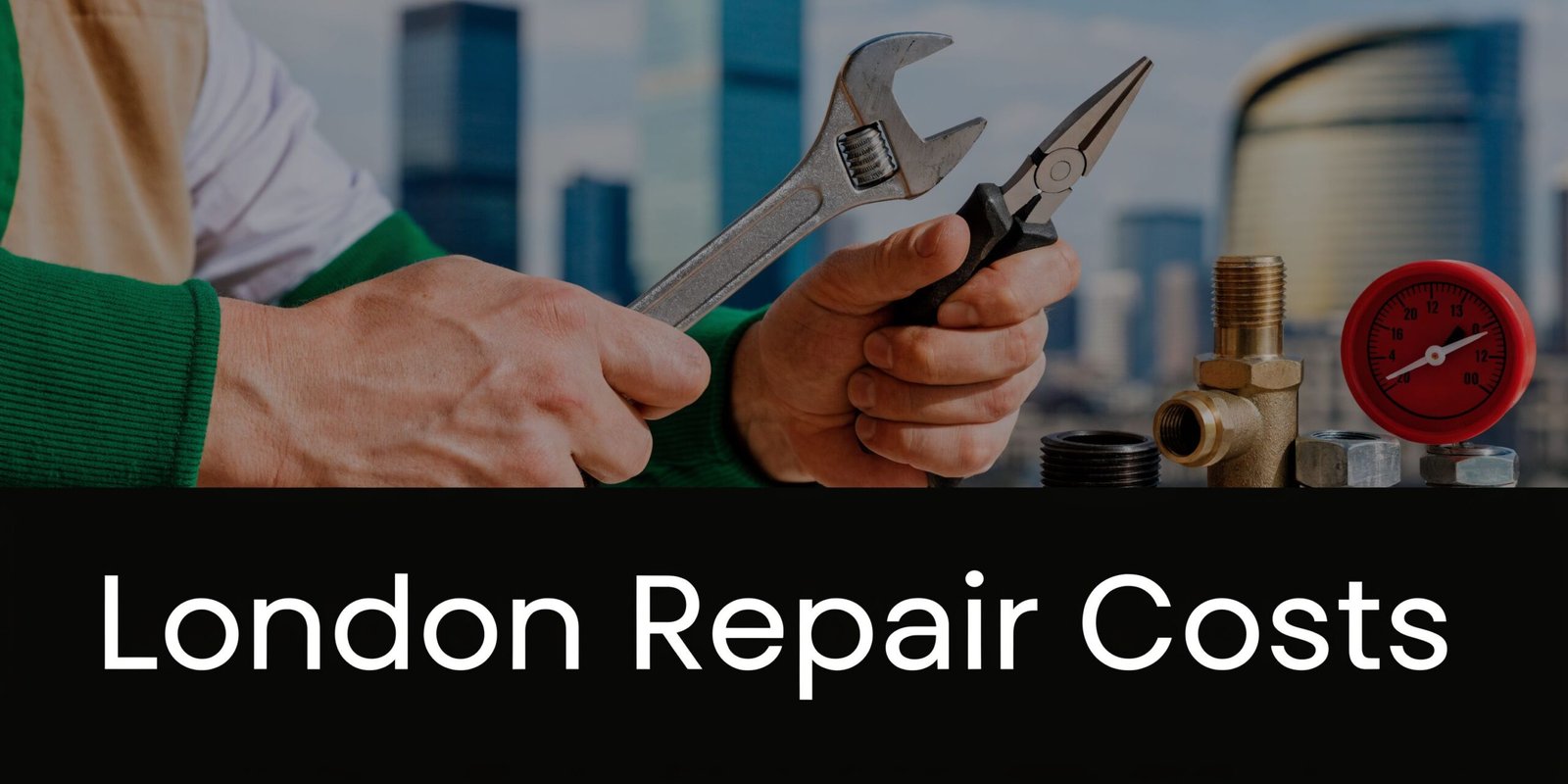 A professional repair worker holding tools with plumbing parts and a pressure gauge in the background.