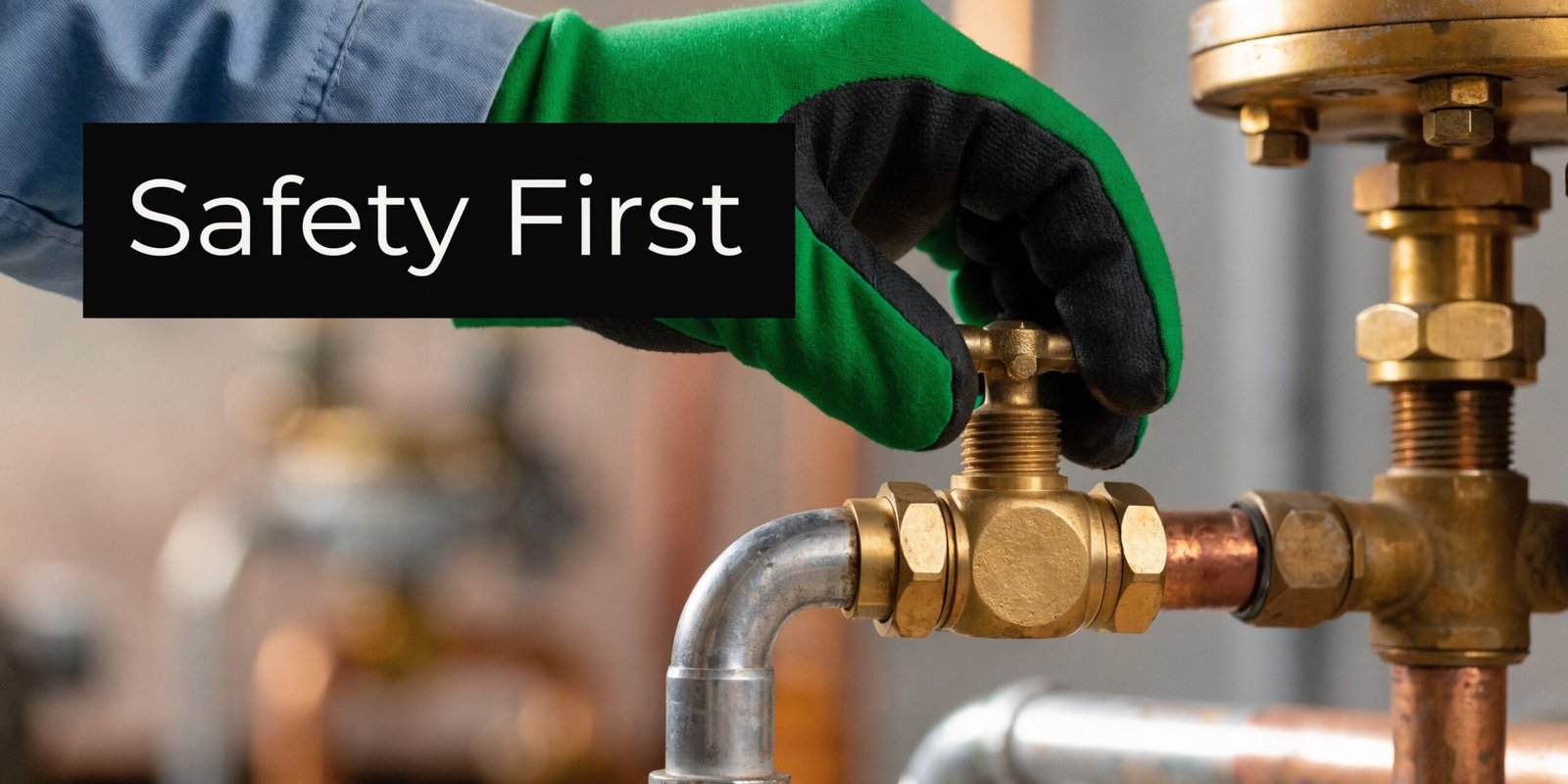 A gloved hand turns a brass valve on industrial copper plumbing to ensure site safety.
