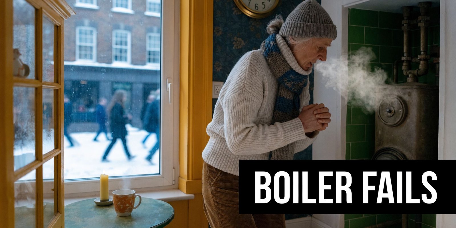 An elderly person wearing a hat and scarf warms their hands near a faulty smoking house boiler.