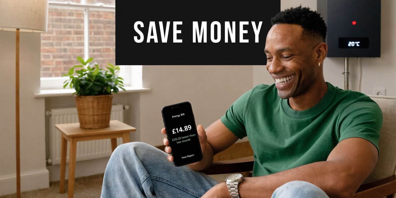 A smiling man holding a smartphone showing an energy bill reduction while sitting near a home boiler.