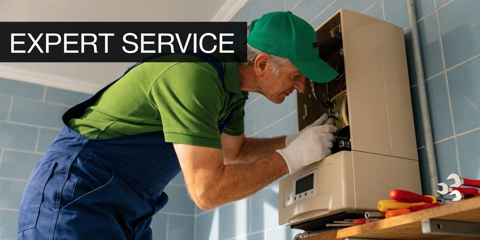 A professional technician wearing a green cap and blue overalls repairing a wall-mounted home boiler unit.