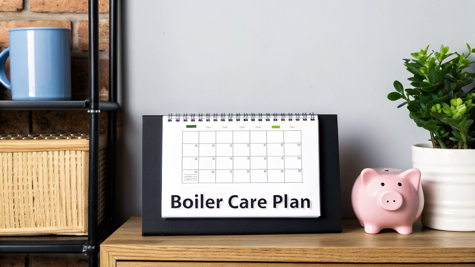 A calendar on a wooden desk displays 'Boiler Care Plan' next to a pink piggy bank and a green plant.