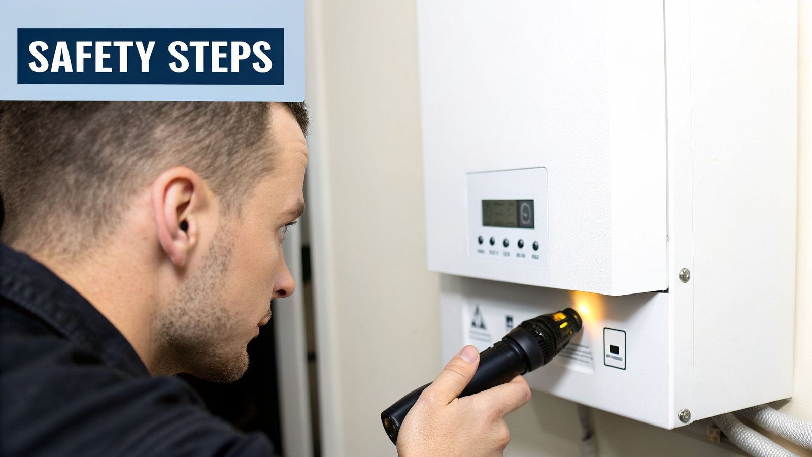 A man inspects a white boiler unit with a flashlight, checking for issues or performing maintenance.