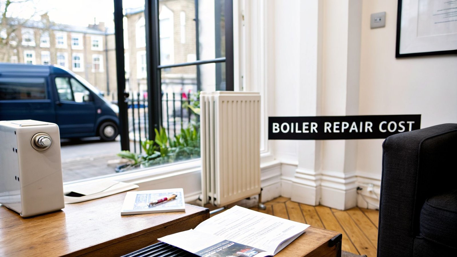 A room with a sign displaying 'BOILER REPAIR COST', a white radiator, and a street view with a blue van.