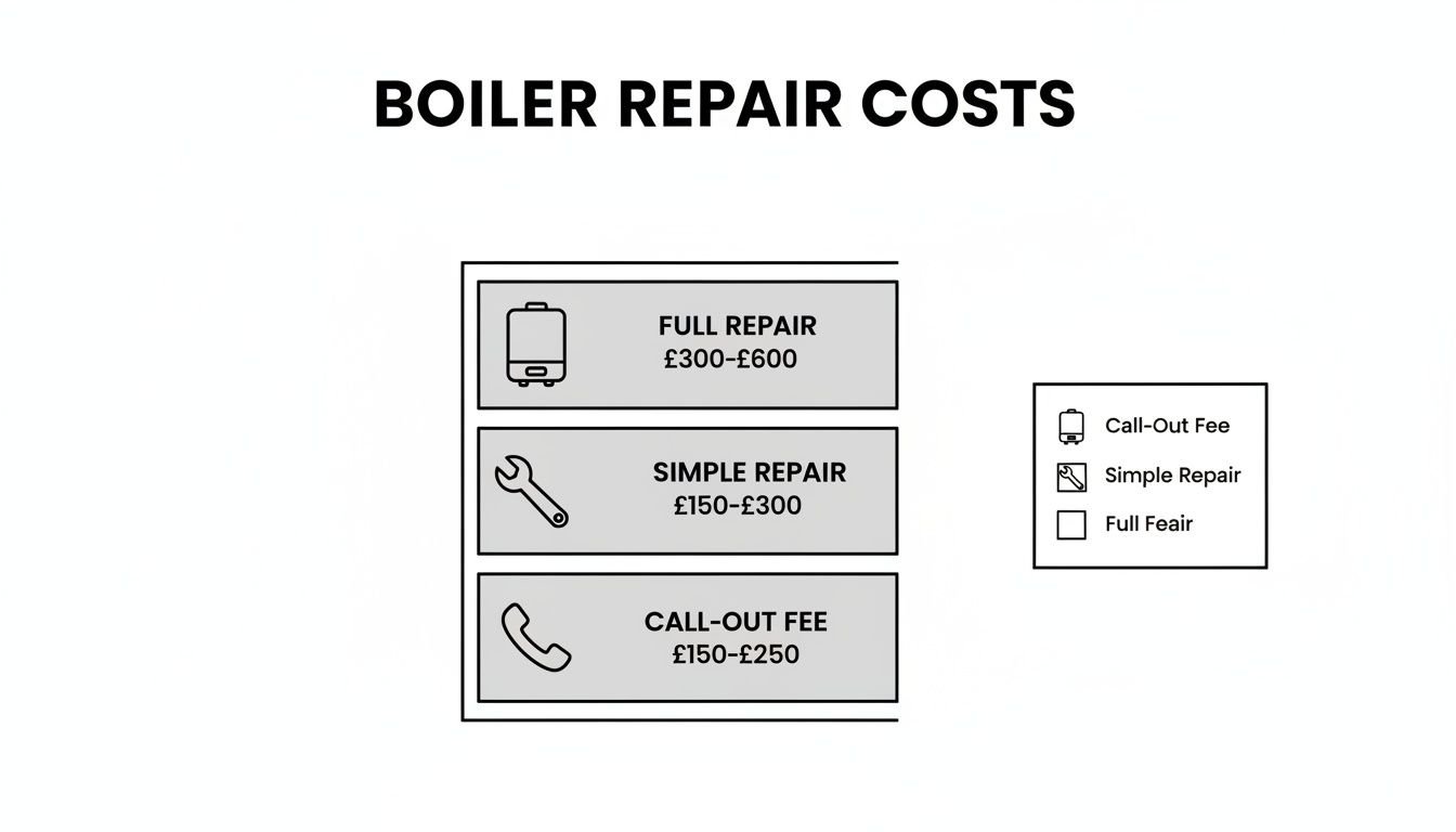 Infographic displaying boiler repair costs: full, simple, and call-out fees with price ranges.