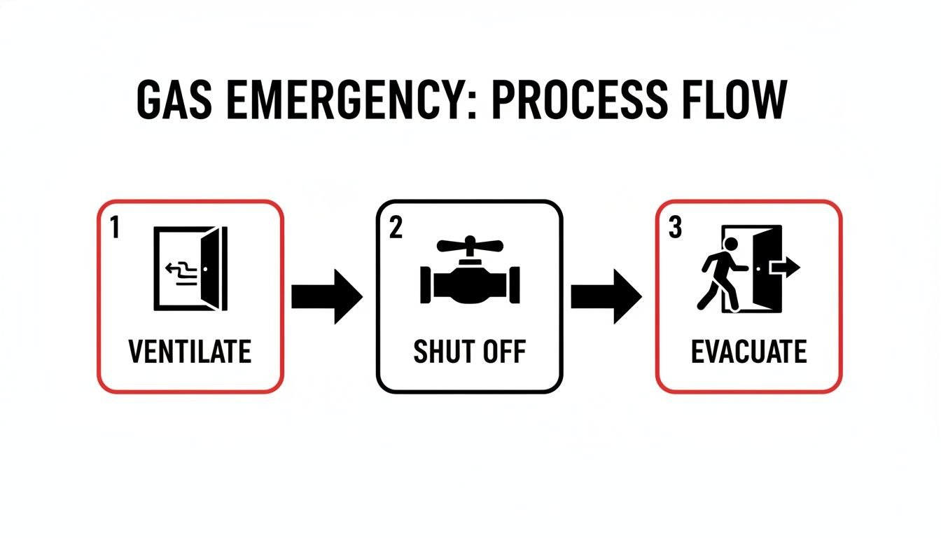 Process flow diagram for gas emergency steps: ventilate, shut off, and evacuate.