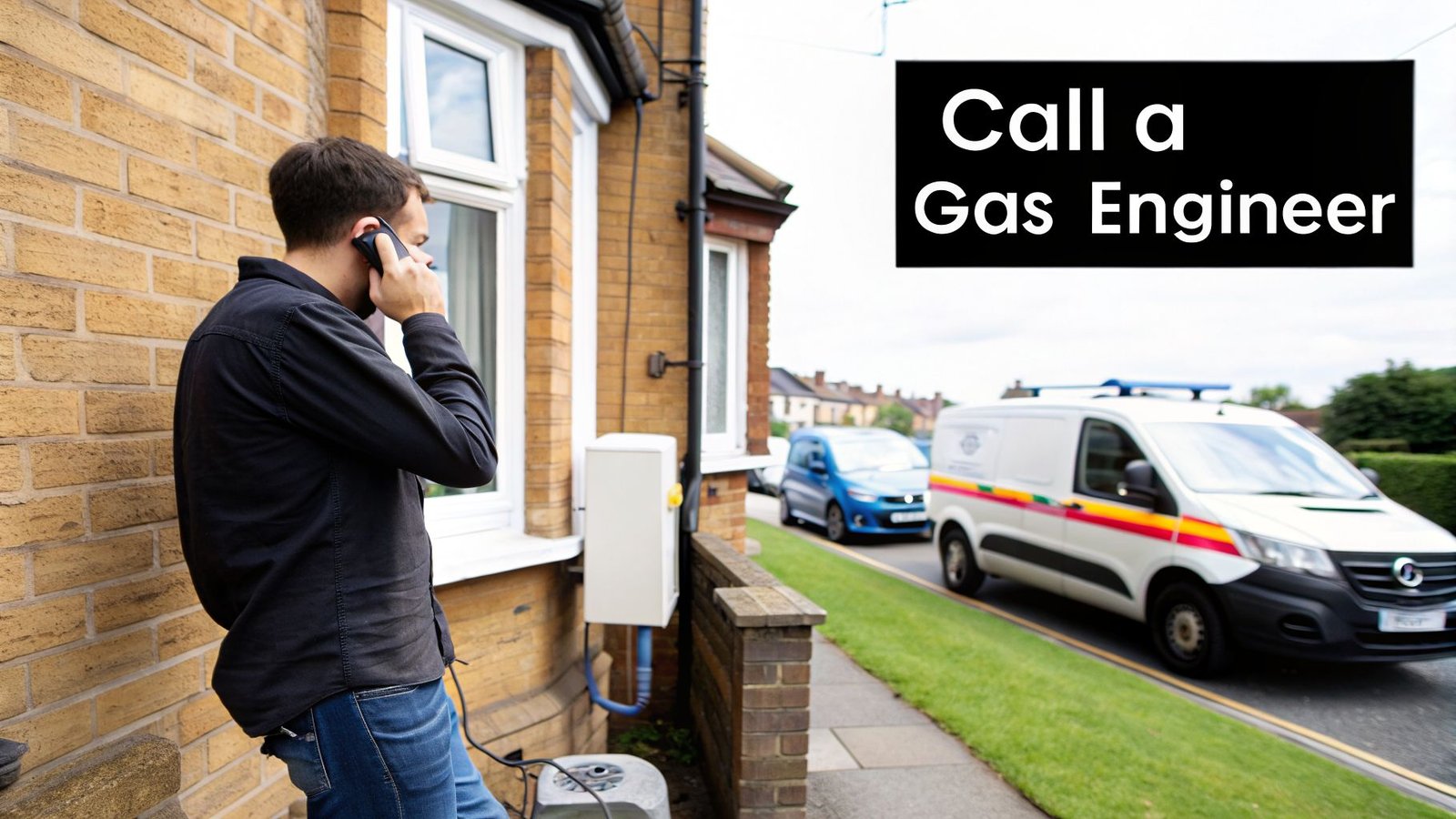 A man calls on his phone outside a house, with a gas engineer's van parked nearby.