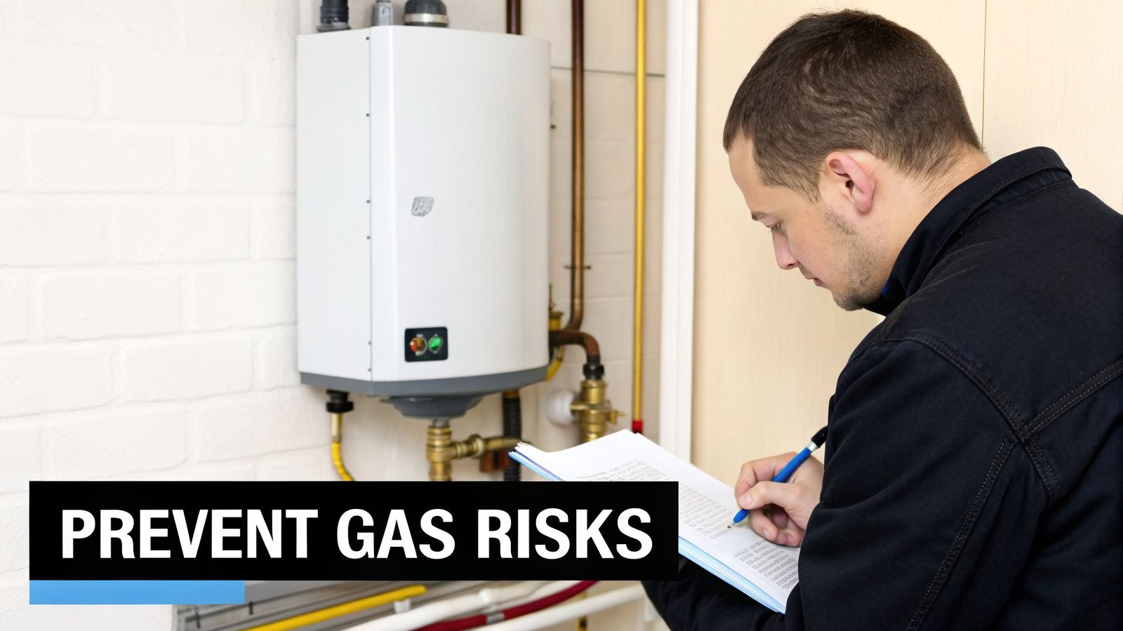 A technician inspects a gas boiler on a white brick wall, writing on a clipboard.