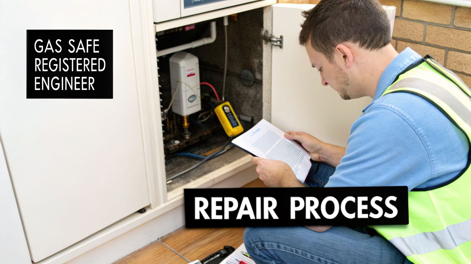 A Gas Safe registered engineer in a hi-vis vest inspects a gas appliance, reading documents during the repair process.