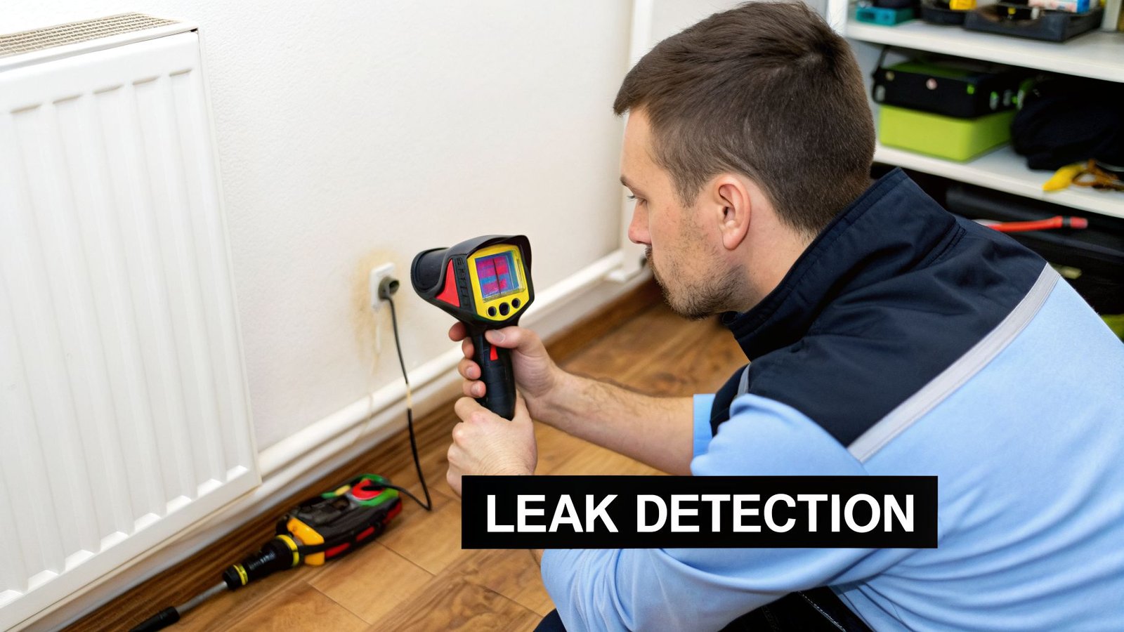 A technician uses a thermal camera to detect a water leak on a wall near a radiator.