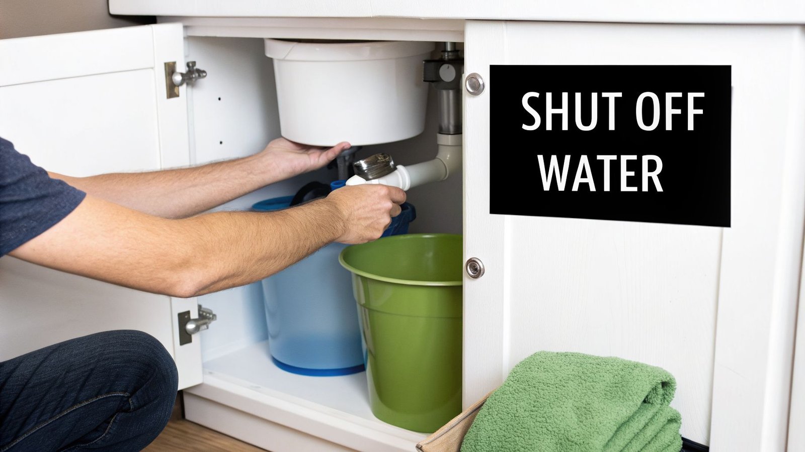 A person is working under a kitchen sink, handling pipes, with buckets and a 'Shut Off Water' sign.