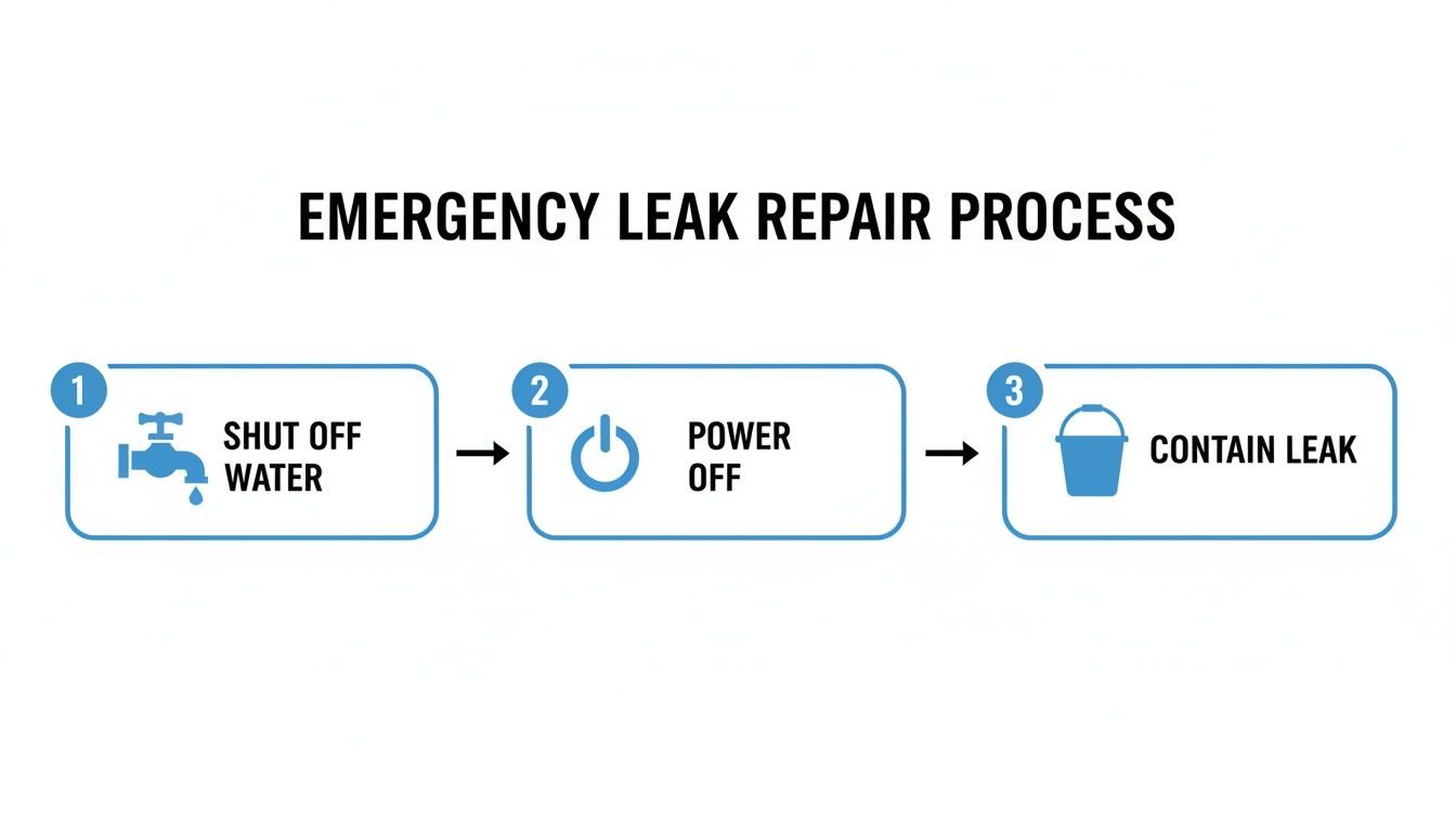 An infographic detailing a three-step emergency leak repair process: shut off water, power off, and contain leak.