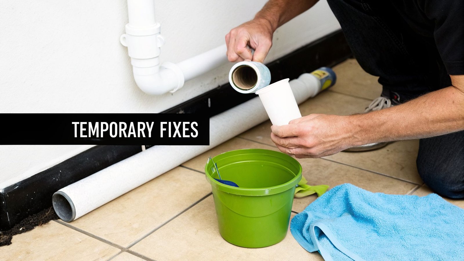 Person's hands applying a temporary fix to a leaking pipe with tape, a bucket, and a towel.