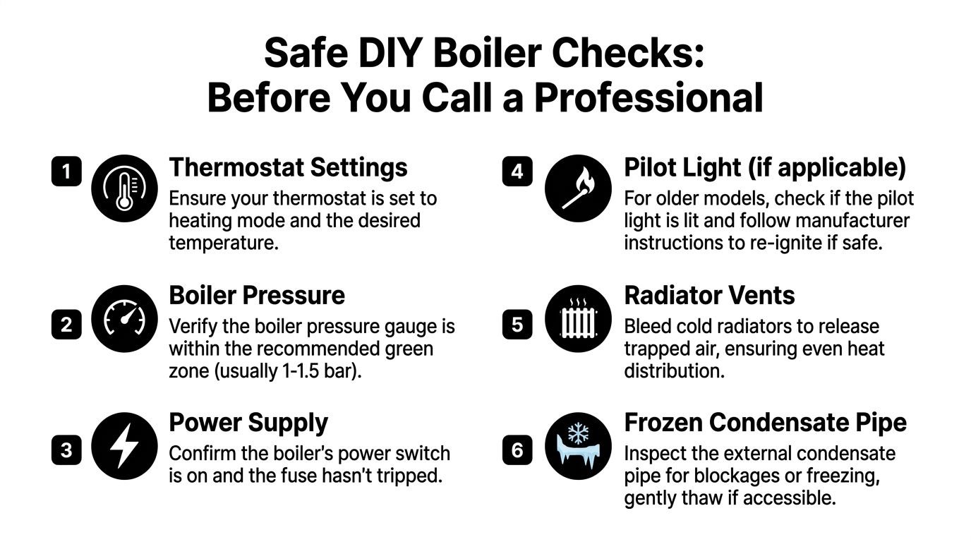 An infographic listing six safe DIY checks for a home boiler before contacting a professional technician.