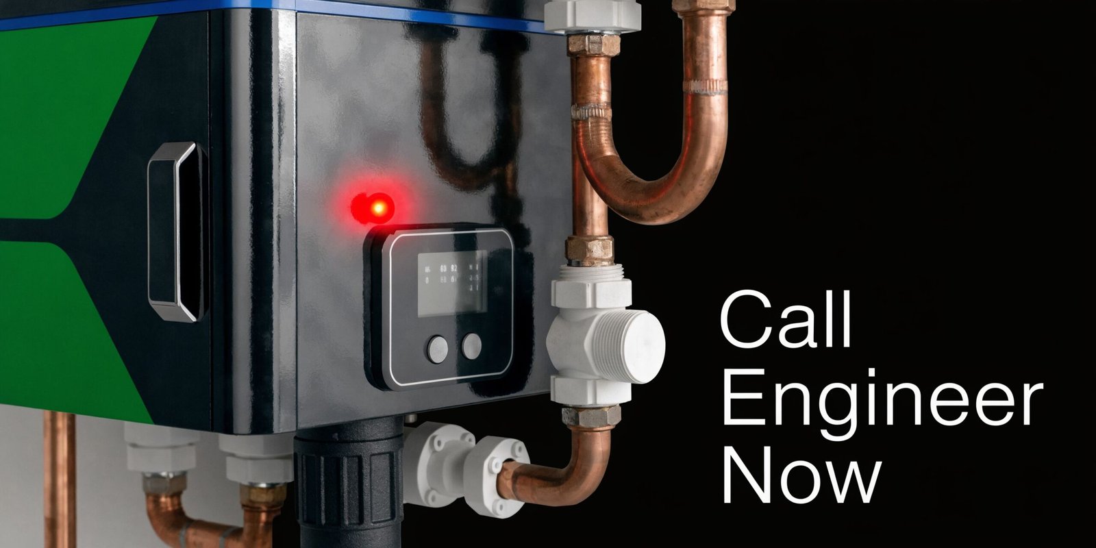 A close-up of a malfunctioning central heating unit displaying a red warning light requiring professional repair services.