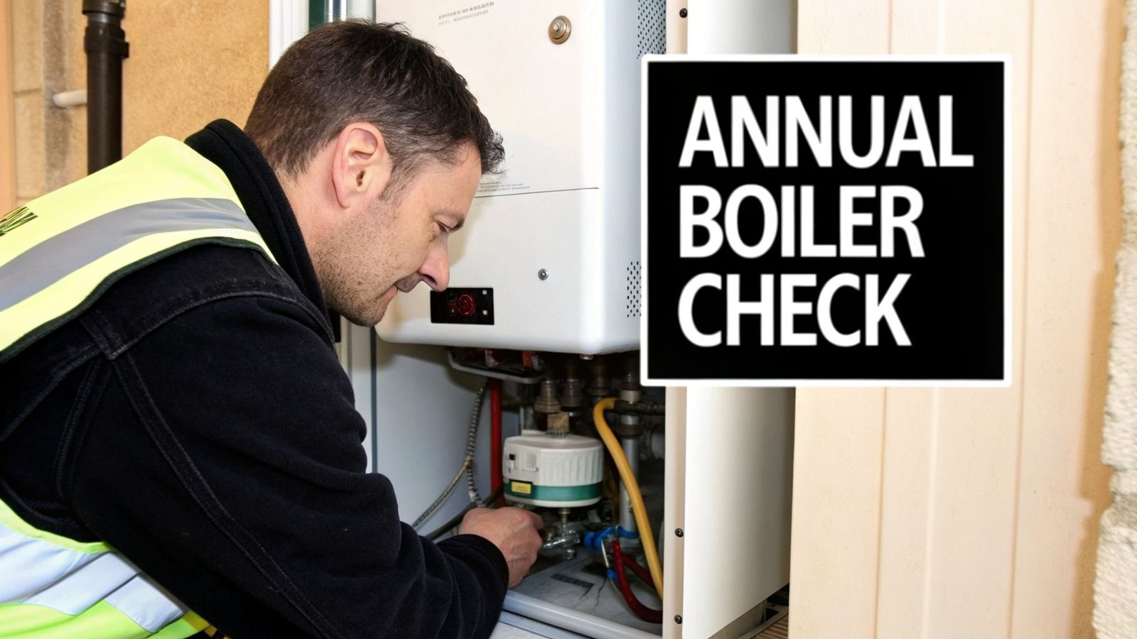 A male technician in a high-vis vest performing an annual boiler check, inspecting a white boiler.