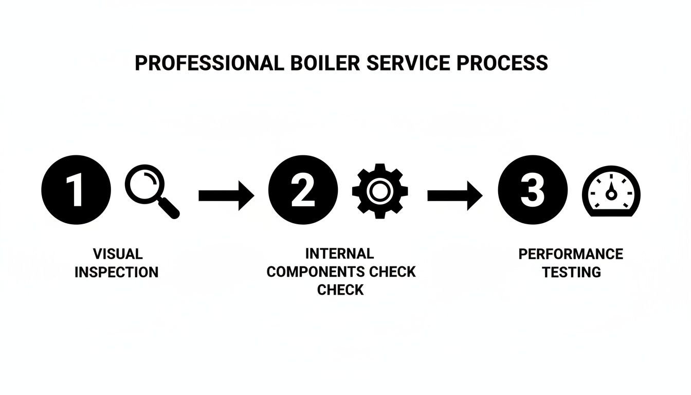 A three-step professional boiler service process flowchart showing visual inspection, internal components check, and performance testing.