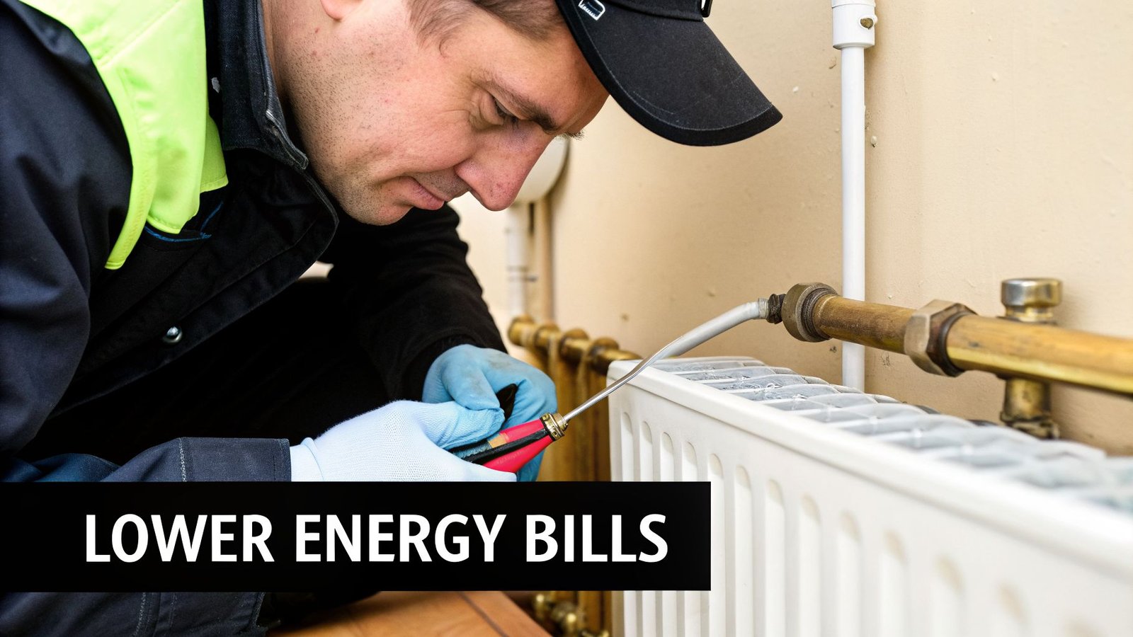 A technician in gloves and a cap is maintaining a radiator to optimize heating and reduce energy bills.