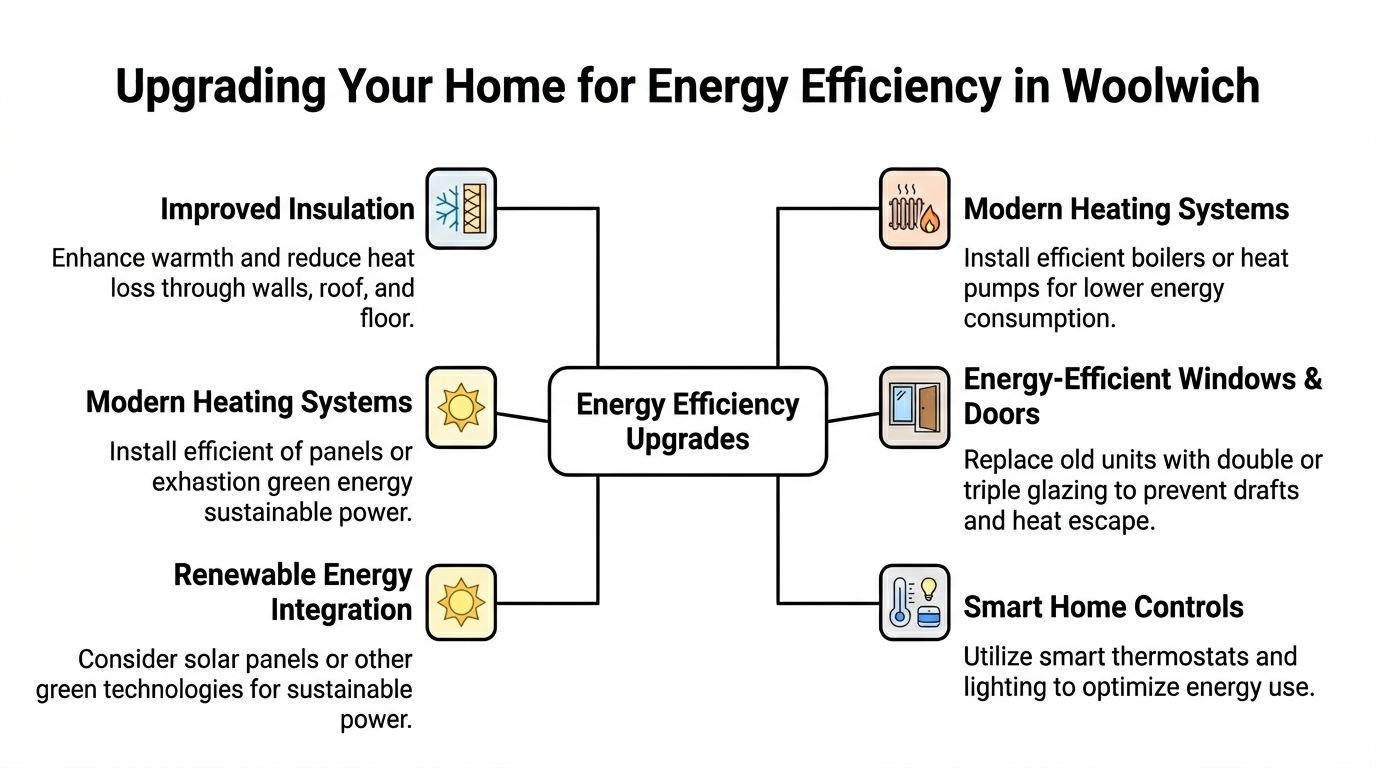A diagram outlining six key energy efficiency home upgrades available for residents living in Woolwich.