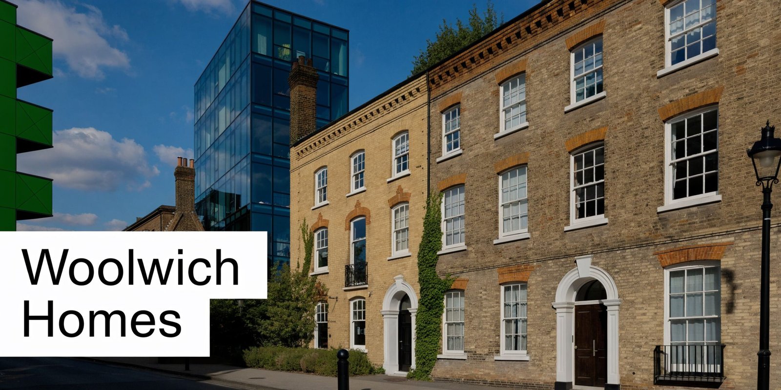 A contrast between traditional yellow brick London terrace housing and a modern glass skyscraper in Woolwich.