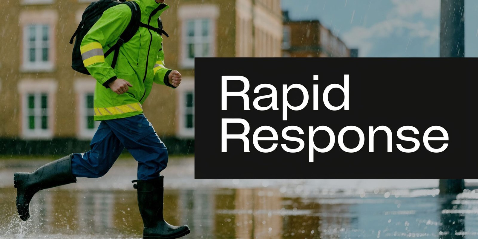 A person in a bright neon high-visibility jacket and rubber boots running through the rain.